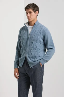 Bleu clair en maille torsadée à fermeture zippée intégrale – Made in Italy