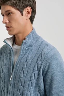 Bleu clair en maille torsadée à fermeture zippée intégrale – Made in Italy