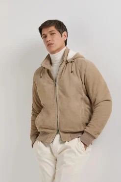Bomber à capuche en daim taupe - Made in Italy