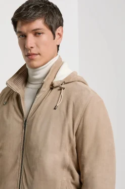 Bomber à capuche en daim taupe - Made in Italy