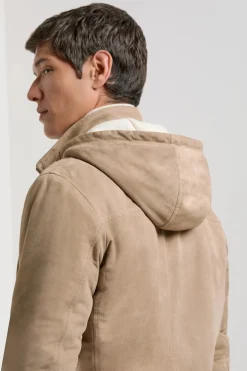 Bomber à capuche en daim taupe - Made in Italy