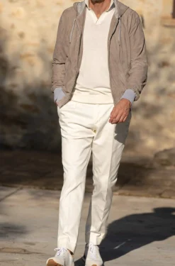 Bomber à capuche taupe en daim – Made in Italy