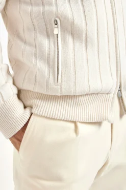 Bomber côtelé en cachemire Blanc cassé avec fourrure - Made in Italy