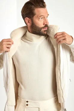 Bomber côtelé en cachemire Blanc cassé avec fourrure - Made in Italy