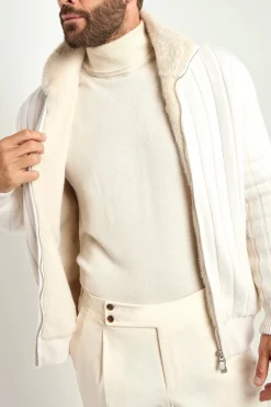 Bomber côtelé en cachemire Blanc cassé avec fourrure - Made in Italy
