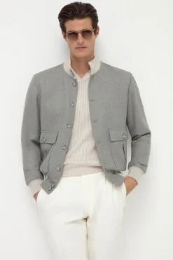 Bomber en laine, soie et lin Sauge - Made in Italy