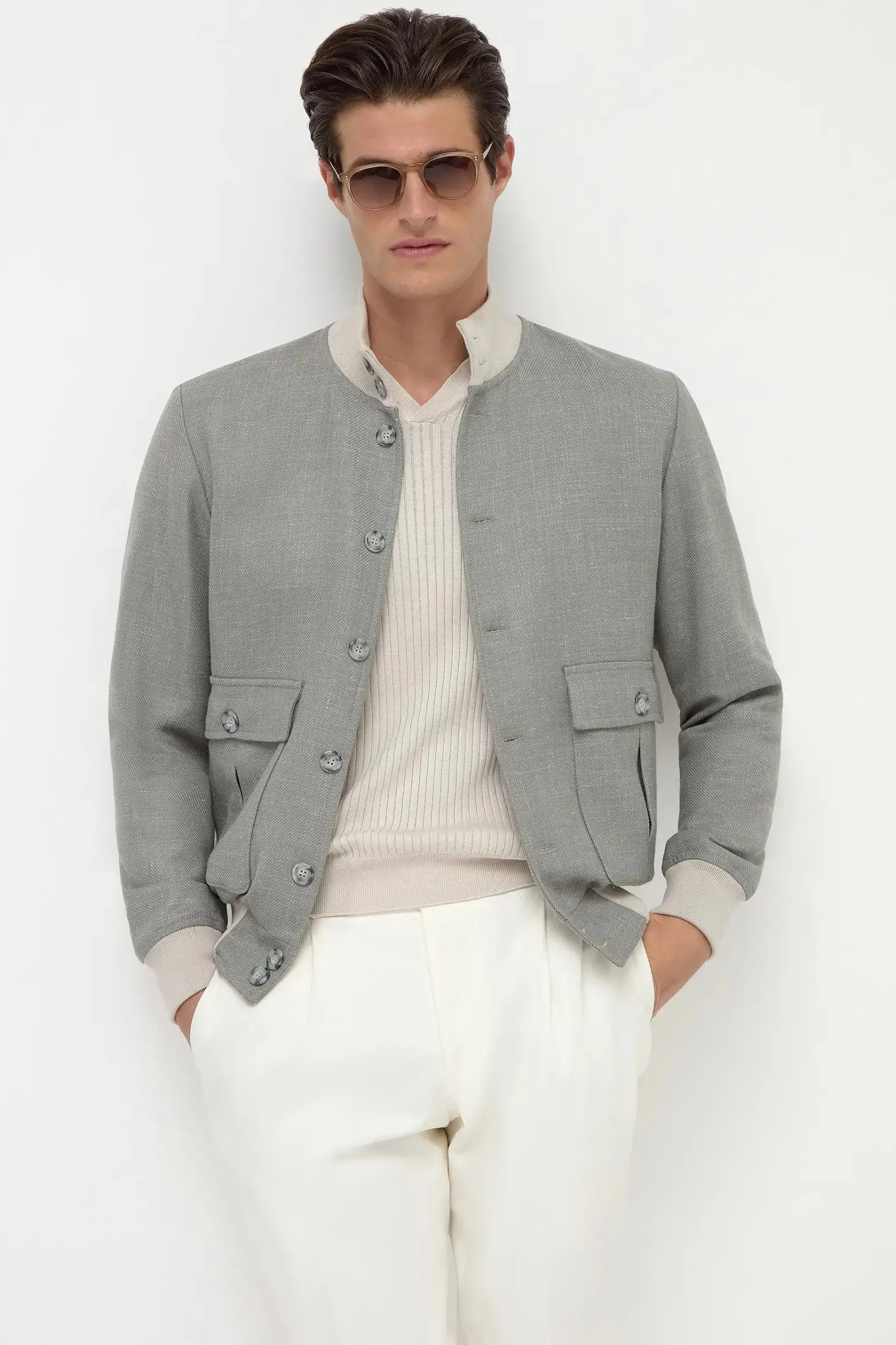 Bomber en laine, soie et lin Sauge - Made in Italy