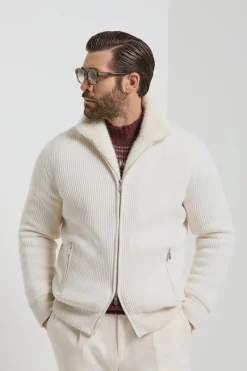 Bomber en maille de cachemire Blanc cassé avec fourrure - Made in Italy