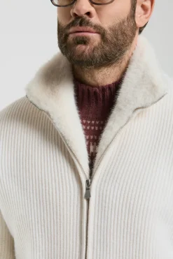 Bomber en maille de cachemire Blanc cassé avec fourrure - Made in Italy