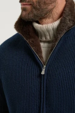 Bomber en maille de cachemire bleu avec fourrure - Made in Italy
