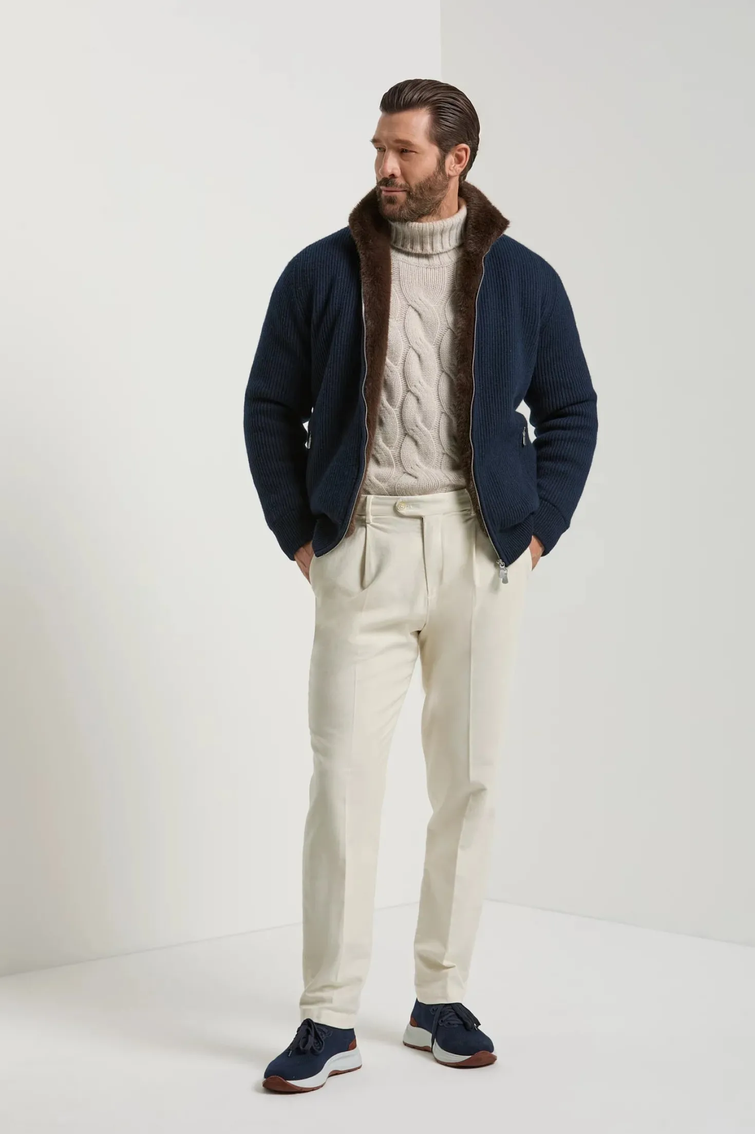 Bomber en maille de cachemire bleu avec fourrure - Made in Italy