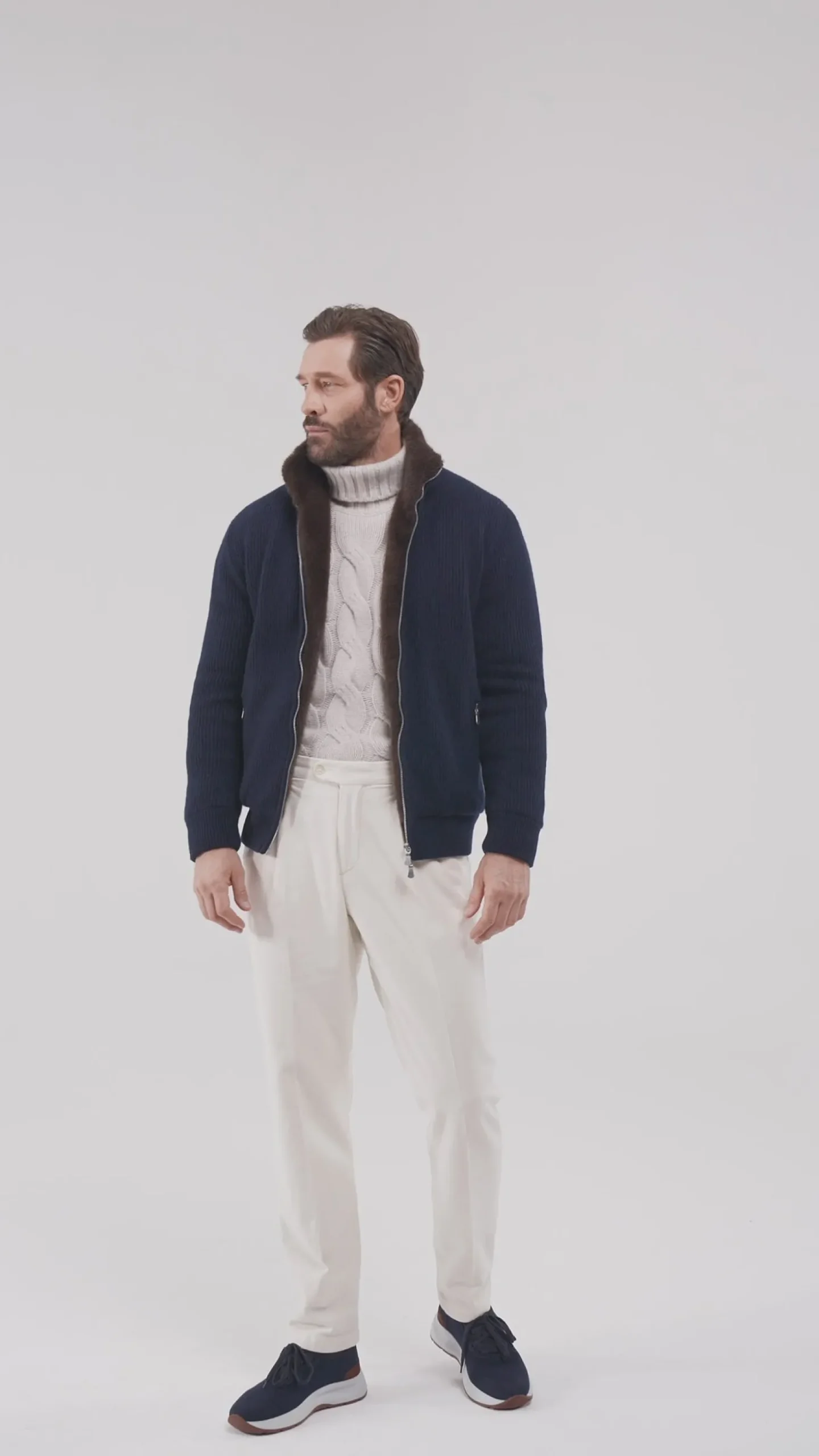 Bomber en maille de cachemire bleu avec fourrure - Made in Italy