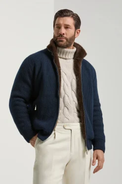 Bomber en maille de cachemire bleu avec fourrure - Made in Italy