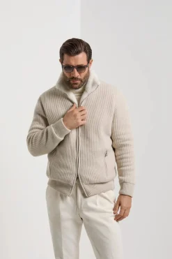 Bomber en maille de cachemire sable avec fourrure - Made in Italy