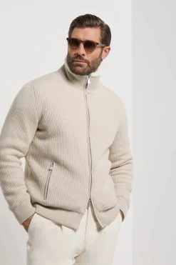 Bomber en maille de cachemire sable avec fourrure - Made in Italy