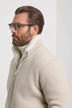 Bomber en maille de cachemire sable avec fourrure - Made in Italy