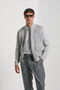 Cardigan en alcantara et laine gris clair - Made in Italy