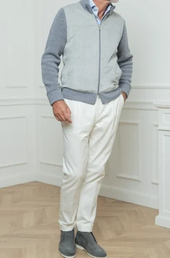 Cardigan gris et gris clair - Alcantara et laine - Made in Italy