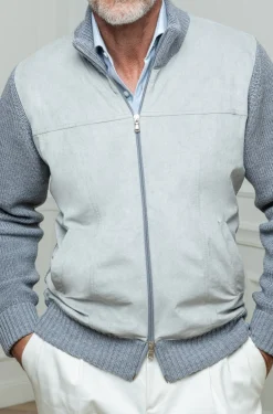 Cardigan gris et gris clair - Alcantara et laine - Made in Italy