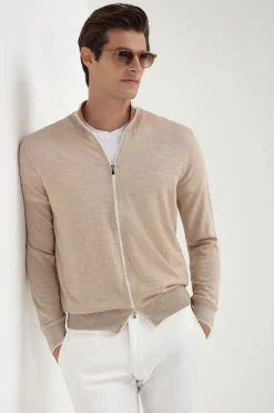 Cardigan zippé en laine de Tasmanie taupe - Made in Italy