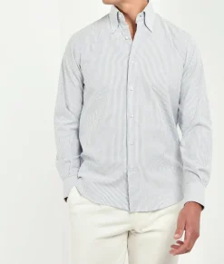 Chemise à col boutonné bleue rayée en coton brossé - Made in Italy