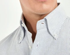 Chemise à col boutonné bleue rayée en coton brossé - Made in Italy