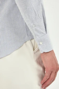 Chemise à col boutonné bleue rayée en coton brossé - Made in Italy