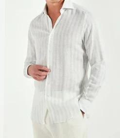 Chemise en lin et tencel rayée sauge clair - Made in Italy