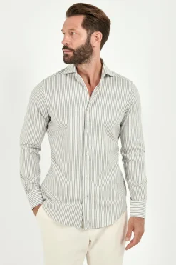 Chemise grise rayée en coton et cachemire - Made in Italy