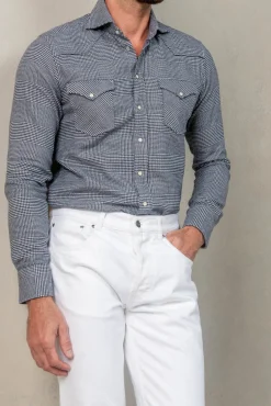 Chemise western bleue Prince de Galles - Made in Italy