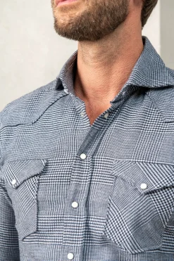 Chemise western bleue Prince de Galles - Made in Italy