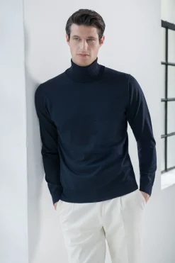 Col roulé bleu en mérinos – Made in Italy