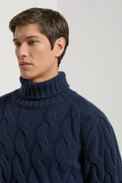 Col roulé bleu à torsades - Made in Italy