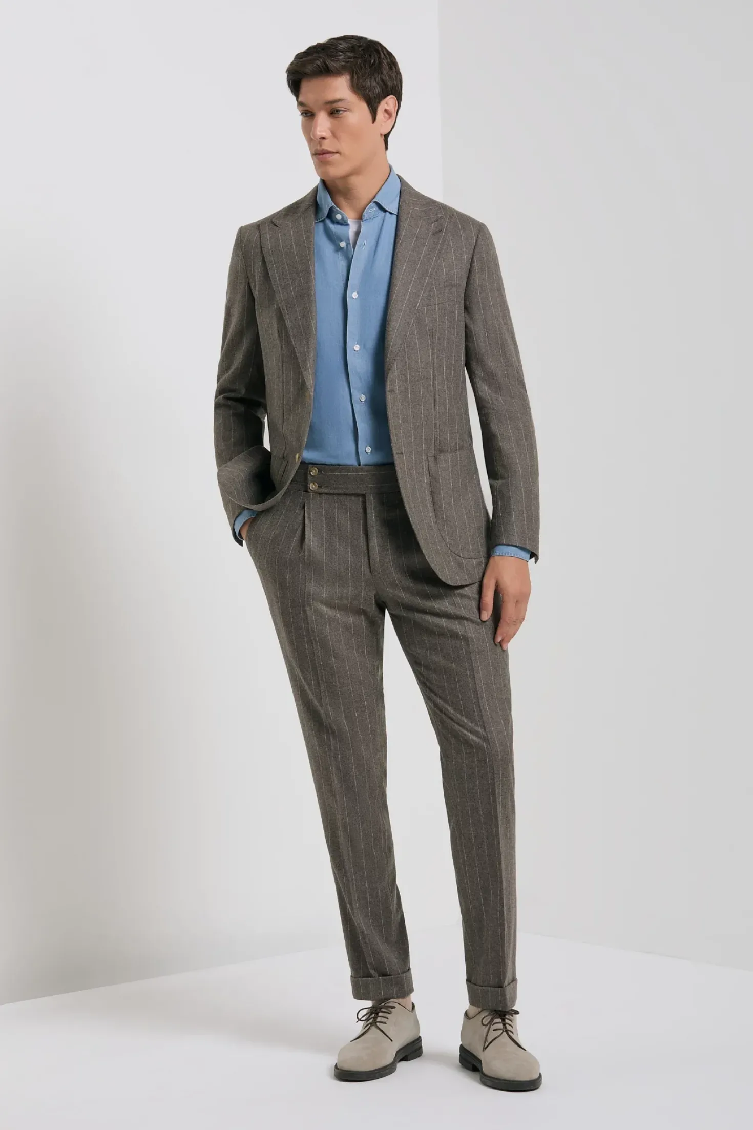 Costume rayé marron en laine et cachemire - Made in Italy