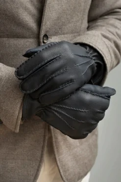 Gants bleu foncé en cuir de cerf doublés cachemire - Made in Italy