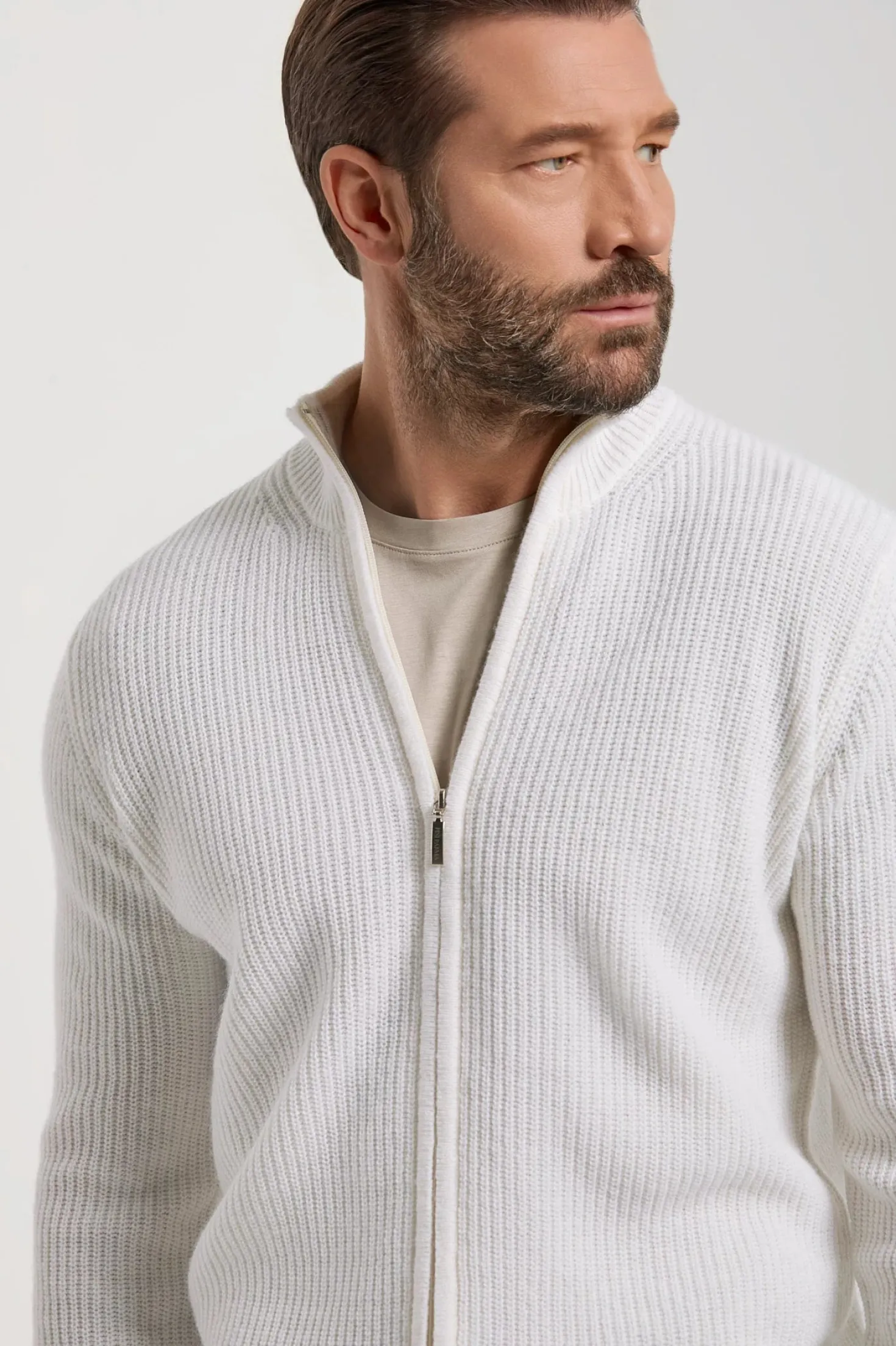 Gilet zippé blanc en mélange de cachemire côtelé – Made in Italy