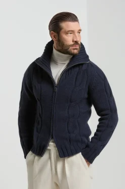 Gilet zippé bleu jacquard - Made in Italy