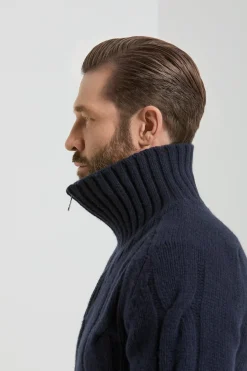 Gilet zippé bleu jacquard - Made in Italy