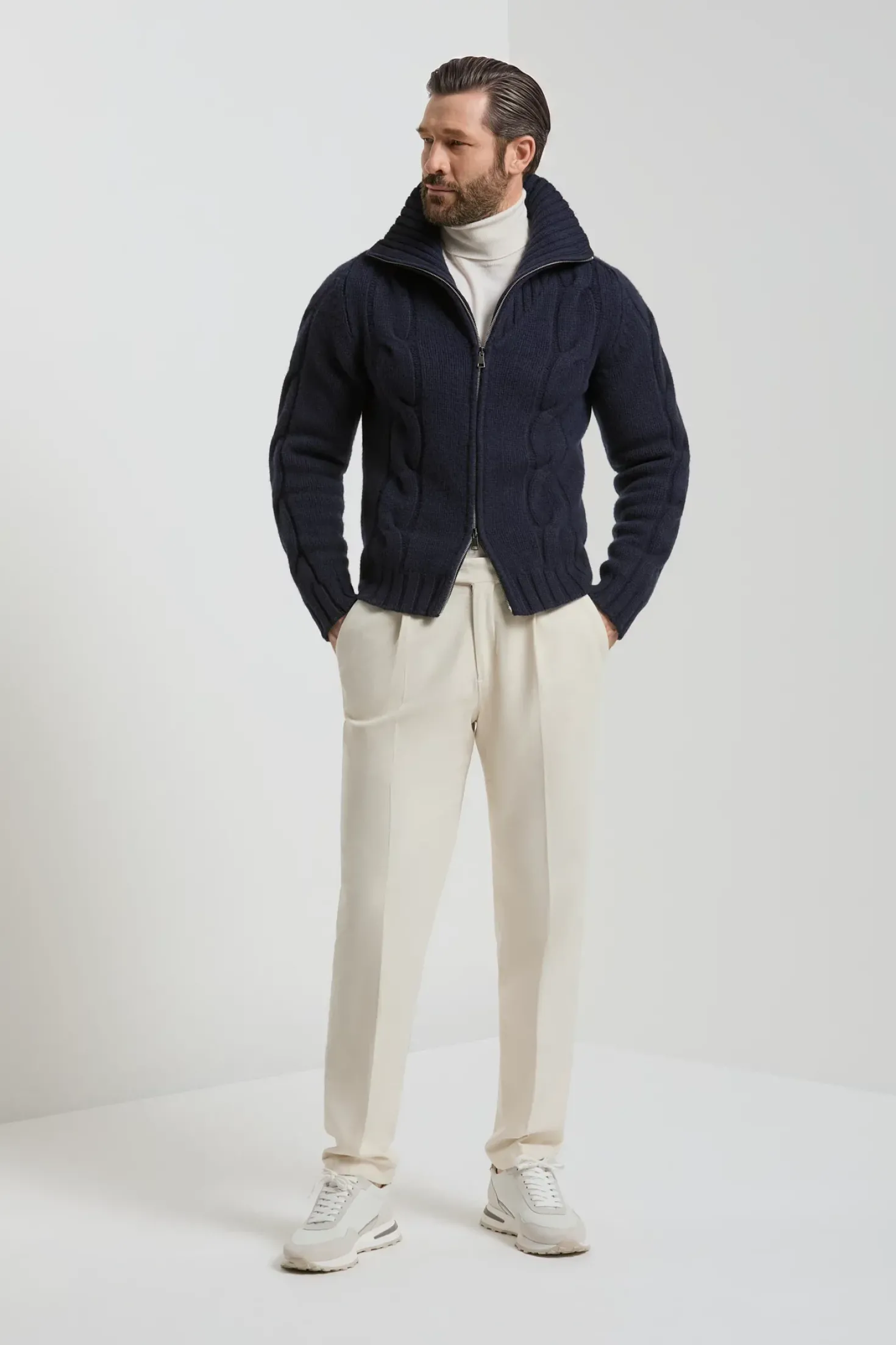 Gilet zippé bleu jacquard - Made in Italy