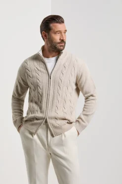 Gilet zippé intégral à maille torsadée beige – Made in Italy
