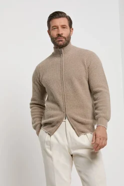Gilet zippé taupe en mélange de cachemire côtelé – Made in Italy