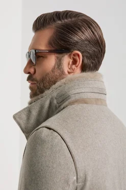 Manteau taupe clair à col en vison - Made in Italy