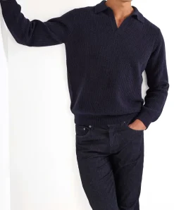 Polo bleu côtelé en mélange cachemire – Made in Italy