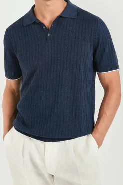 Polo côtelé en coton et lin bleu - Made in Italy