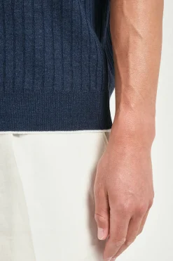Polo côtelé en coton et lin bleu - Made in Italy