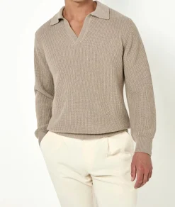 Polo taupe côtelé en mélange cachemire – Made in Italy