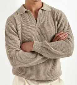 Polo taupe côtelé en mélange cachemire – Made in Italy