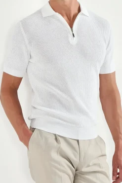 Polo zippé côtelé blanc - Made in Italy
