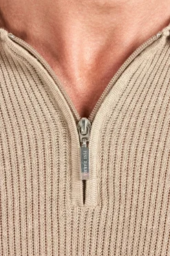 Polo zippé côtelé taupe - Made in Italy