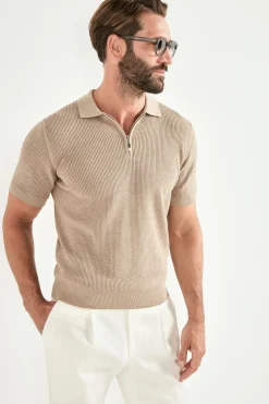 Polo zippé côtelé taupe - Made in Italy